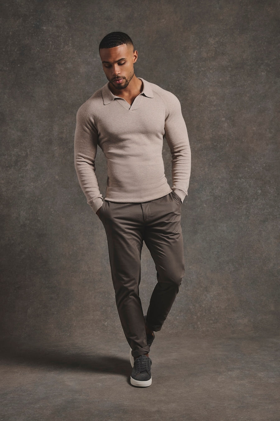 Pure Cotton Knitted Open Collar Polo Shirt in Neutral Marl - TAILORED ATHLETE - USA