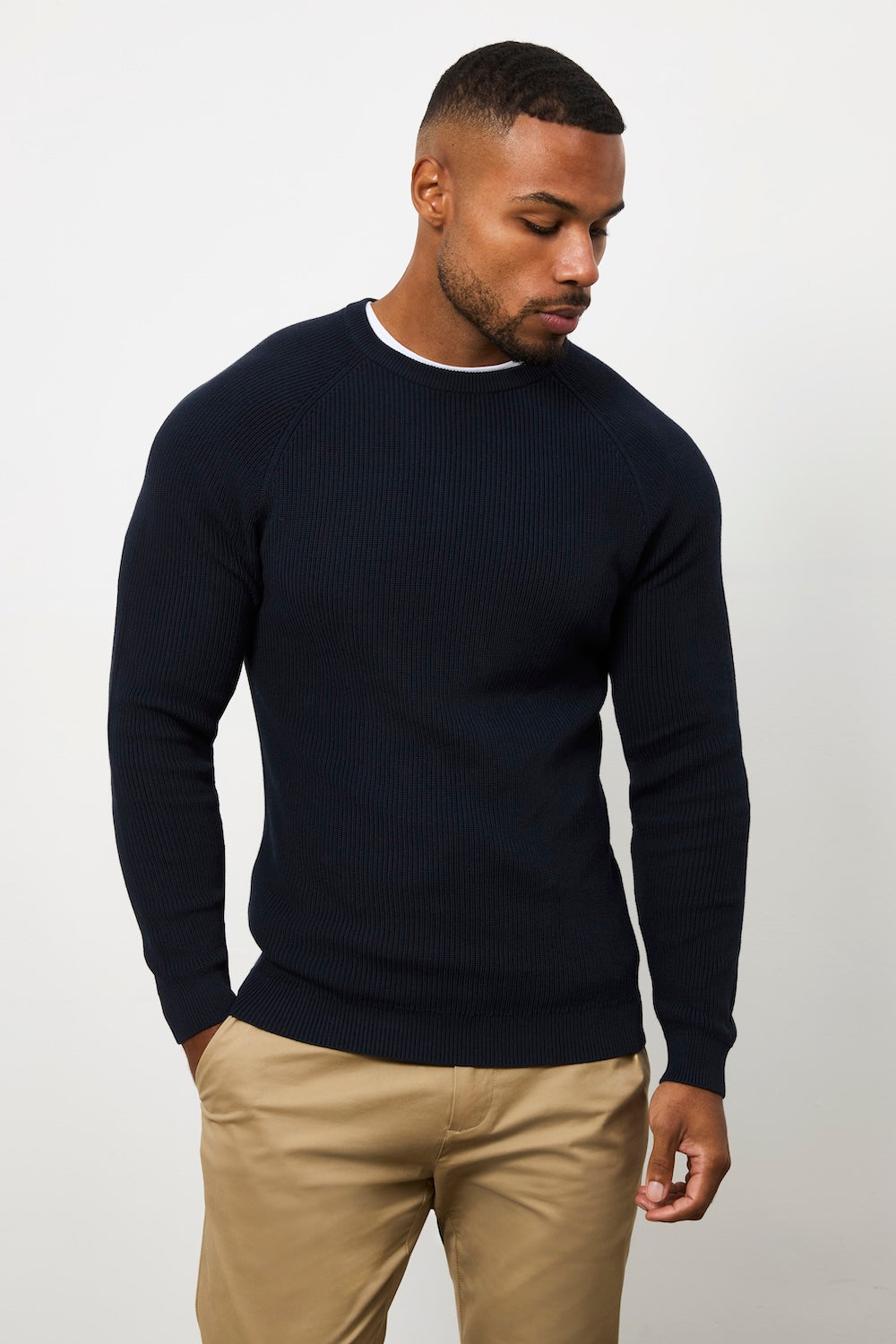 Pure Cotton Knitted Textured Crew Neck Sweater in Navy - TAILORED ATHLETE - USA
