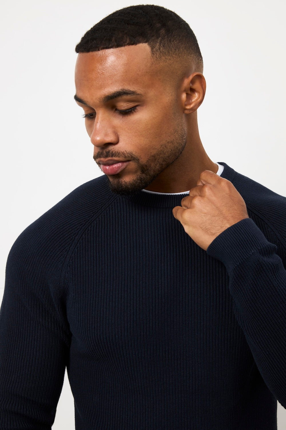 Pure Cotton Knitted Textured Crew Neck Sweater in Navy - TAILORED ATHLETE - USA