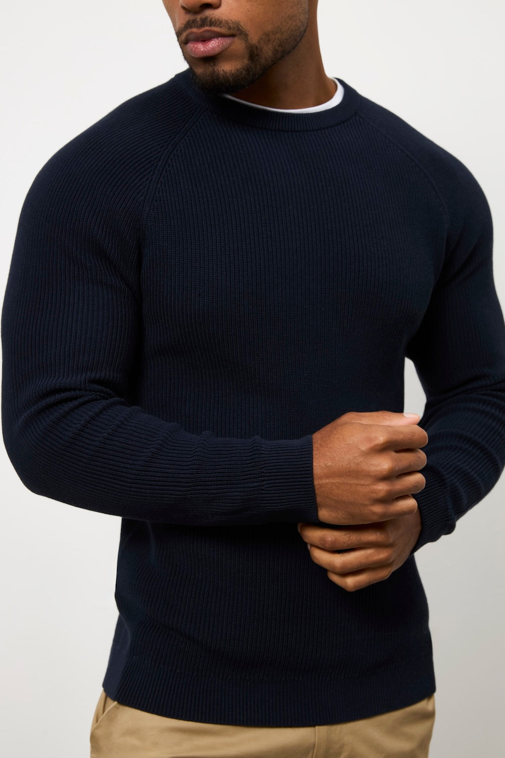 Pure Cotton Knitted Textured Crew Neck Sweater in Navy - TAILORED ATHLETE - USA