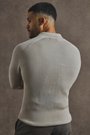 Cotton Textured Knitted Half Zip Polo Shirt in Stone - TAILORED ATHLETE - USA