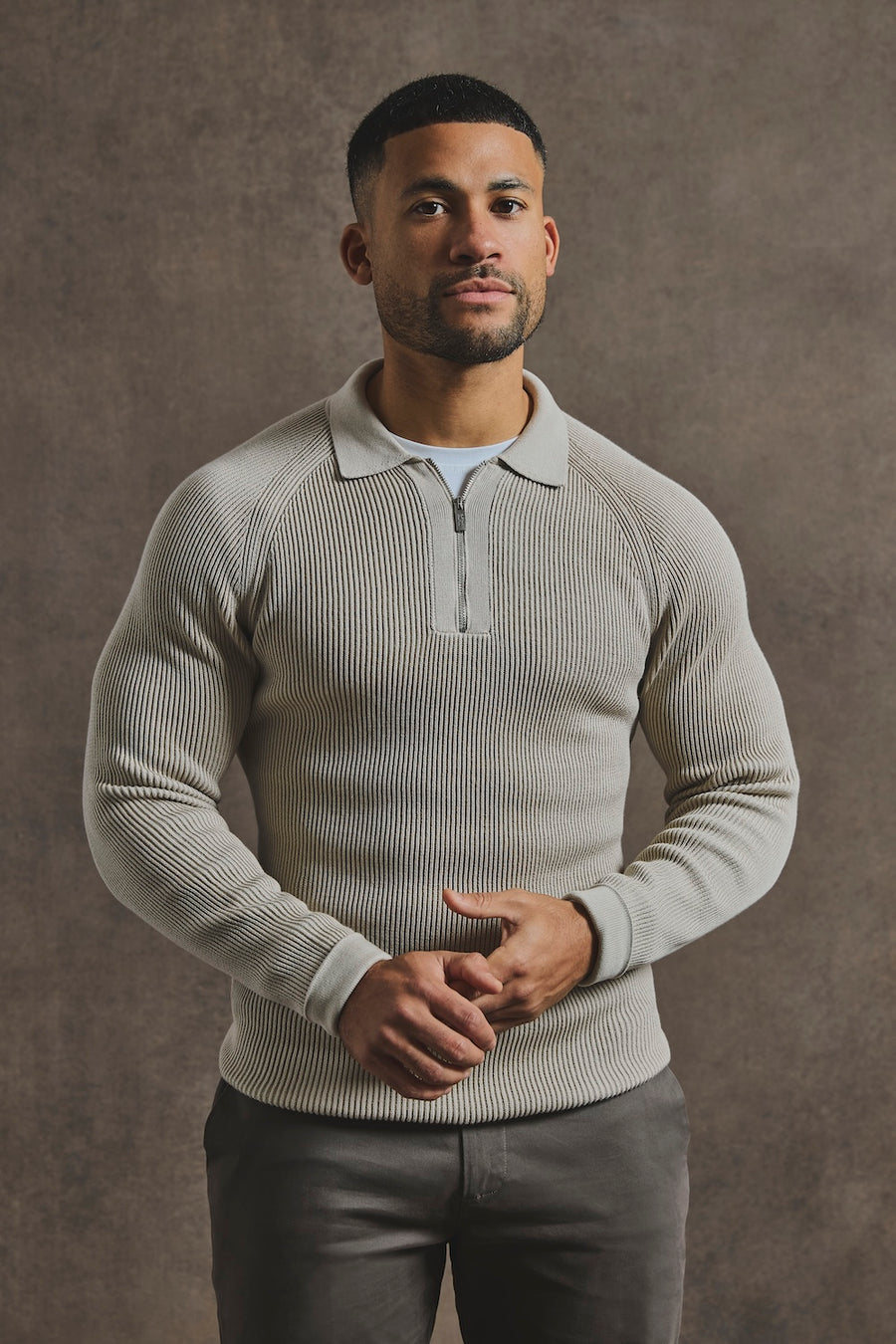 Cotton Textured Knitted Half Zip Polo Shirt in Stone - TAILORED ATHLETE - USA