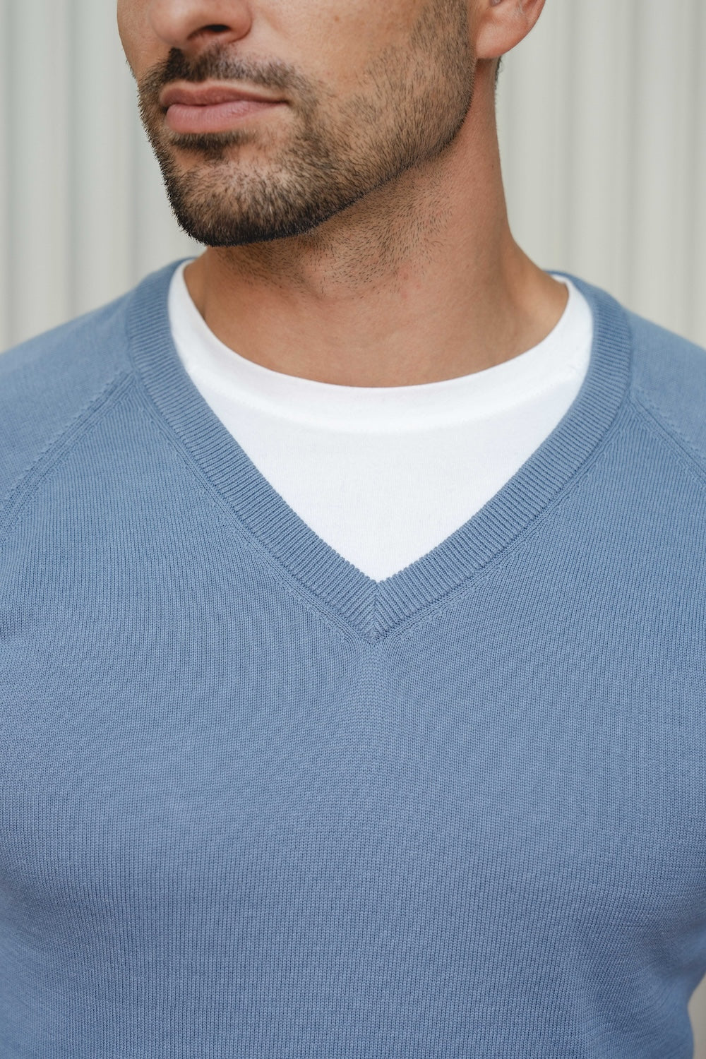 Pure Cotton Knitted V-Neck Sweater in Airforce Blue - TAILORED ATHLETE - USA