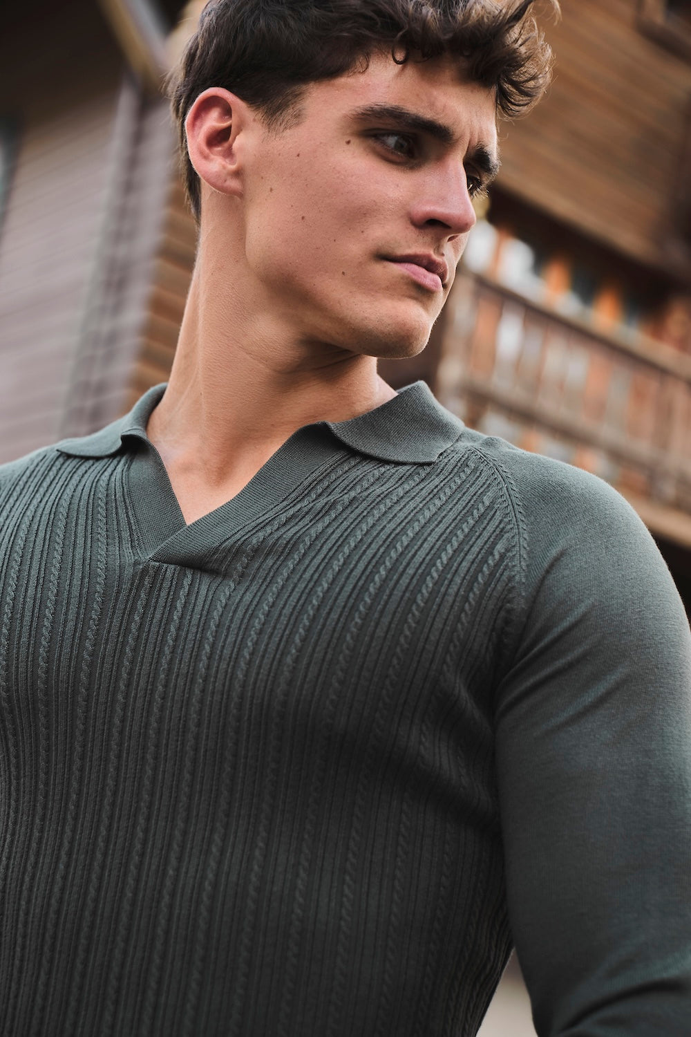 Fine Cable Knitted Open Collar Polo Shirt in Dark Forest