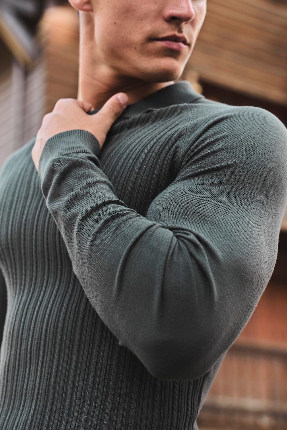 Fine Cable Knitted Open Collar Polo Shirt in Dark Forest