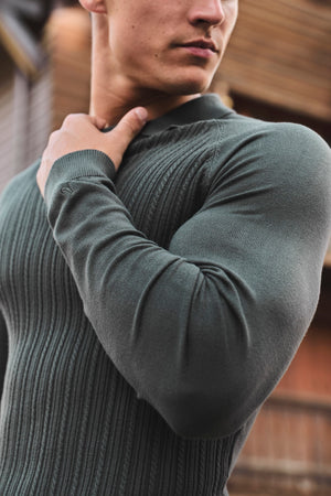 Fine Cable Knitted Open Collar Polo Shirt in Dark Forest