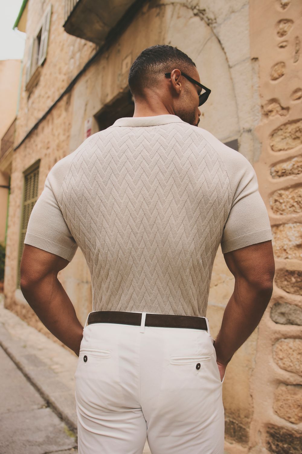 Cable Knitted Zip Polo Shirt in Neutral - TAILORED ATHLETE - USA
