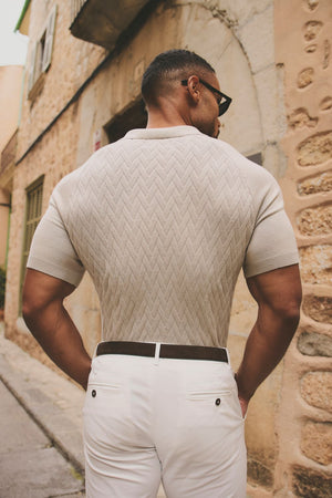 Cable Knitted Zip Polo Shirt in Neutral - TAILORED ATHLETE - USA