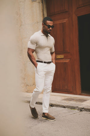 Cable Knitted Zip Polo Shirt in Neutral - TAILORED ATHLETE - USA