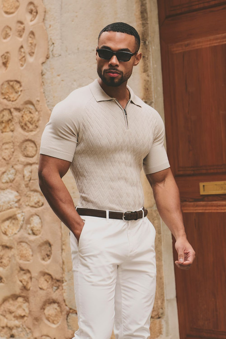 Cable Knitted Zip Polo Shirt in Neutral - TAILORED ATHLETE - USA