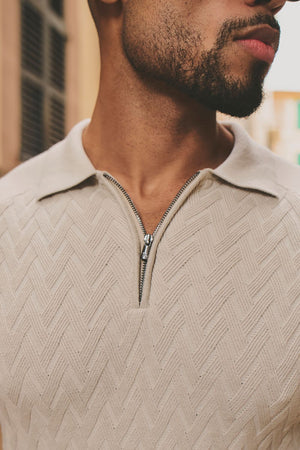 Cable Knitted Zip Polo Shirt in Neutral - TAILORED ATHLETE - USA