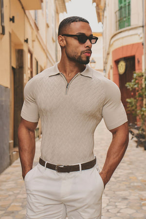 Cable Knitted Zip Polo Shirt in Neutral - TAILORED ATHLETE - USA