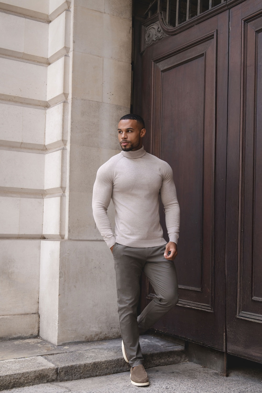 Cotton Blend Roll Neck Sweater in Neutral Marl - TAILORED ATHLETE - USA