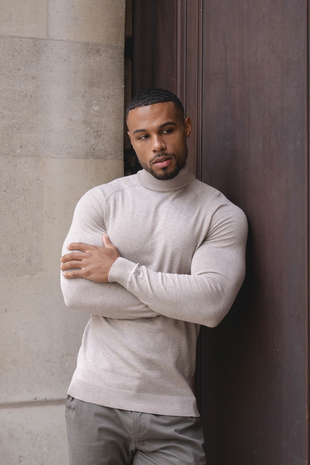 Cotton Blend Roll Neck Sweater in Neutral Marl