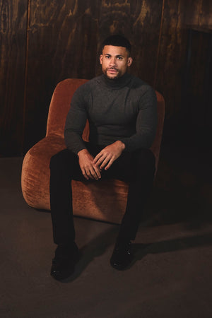 Cotton Blend Roll Neck Sweater in Charcoal - TAILORED ATHLETE - USA