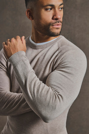Pure Cotton Knitted Crew Neck Sweater in Neutral Marl - TAILORED ATHLETE - USA