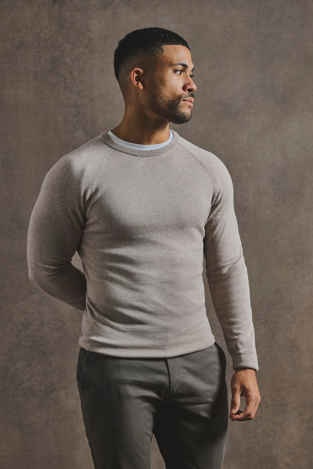 Pure Cotton Knitted Crew Neck Sweater in Neutral Marl - TAILORED ATHLETE - USA
