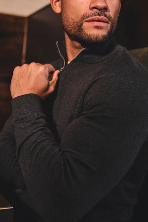 Pure Cotton Knitted Half Zip Neck Sweater in Dark Charcoal Marl - TAILORED ATHLETE - USA