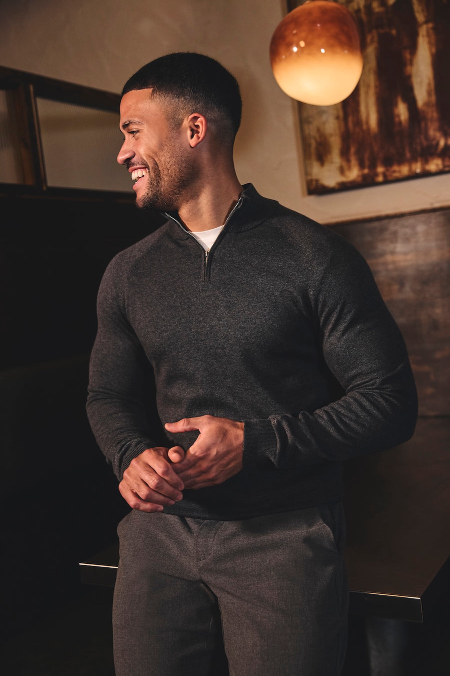 Pure Cotton Knitted Half Zip Neck Sweater in Dark Charcoal Marl - TAILORED ATHLETE - USA