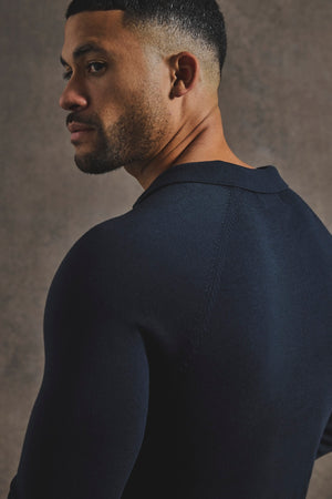 Pure Cotton Knitted Open Collar Polo Shirt in Navy - TAILORED ATHLETE - USA