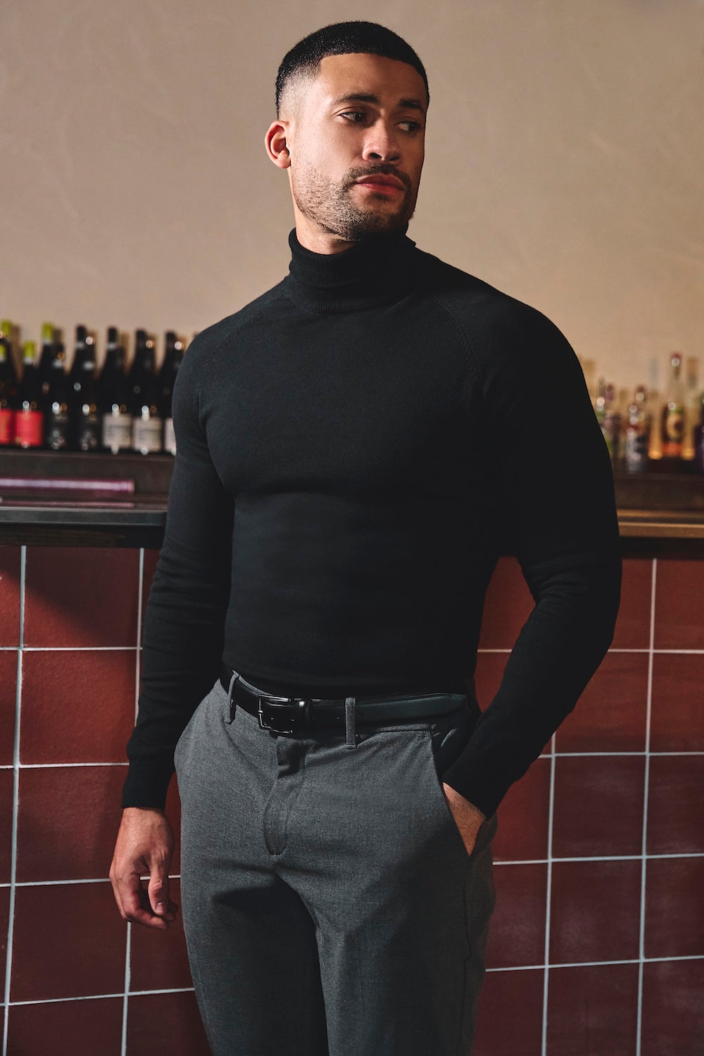 Cotton Blend Roll Neck Sweater in Black - TAILORED ATHLETE - USA