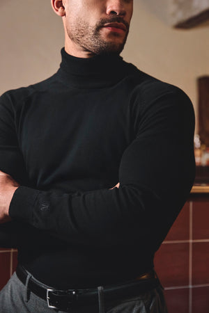Cotton Blend Roll Neck Sweater in Black - TAILORED ATHLETE - USA