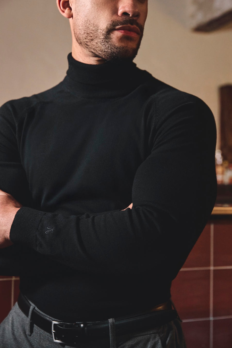 Cotton Blend Roll Neck Sweater in Black - TAILORED ATHLETE - USA
