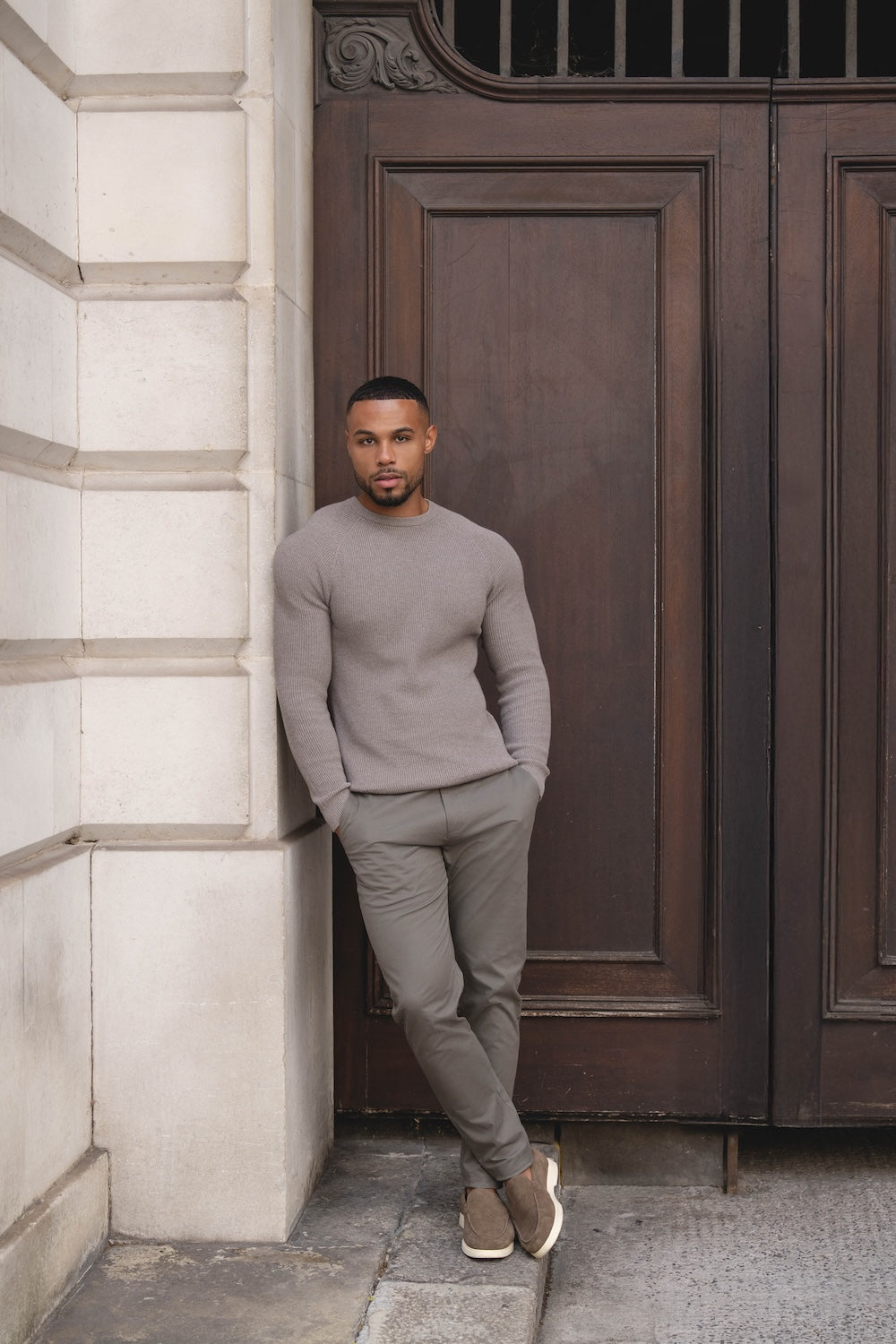 Pure Cotton Knitted Textured Crew Neck Sweater in Brown Marl - TAILORED ATHLETE - USA