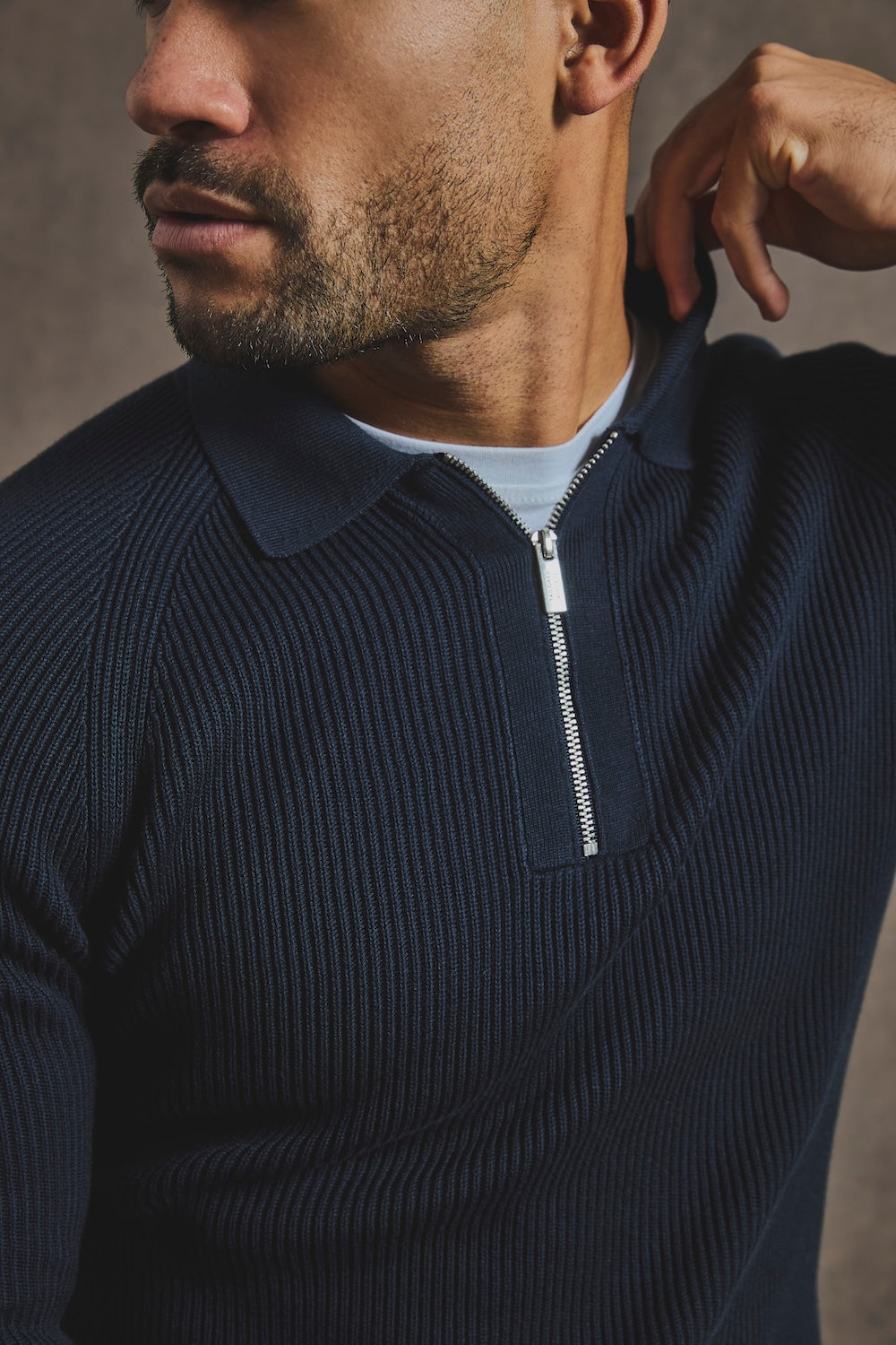 Cotton Textured Knitted Half Zip Polo Shirt in Navy - TAILORED ATHLETE - USA