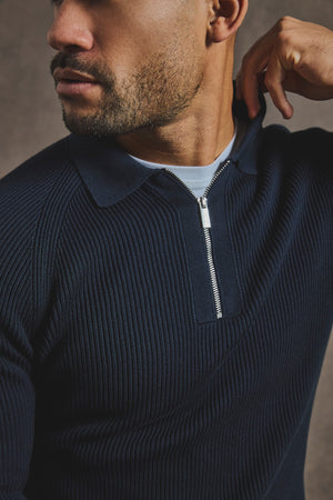 Cotton Textured Knitted Half Zip Polo Shirt in Navy - TAILORED ATHLETE - USA