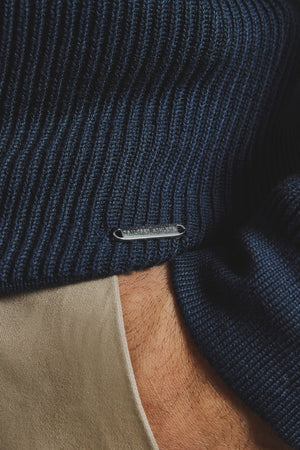 Cotton Textured Knitted Half Zip Polo Shirt in Navy - TAILORED ATHLETE - USA