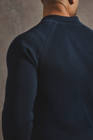 Cotton Textured Knitted Half Zip Polo Shirt in Navy - TAILORED ATHLETE - USA