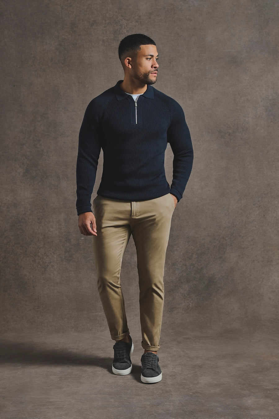 Cotton Textured Knitted Half Zip Polo Shirt in Navy - TAILORED ATHLETE - USA