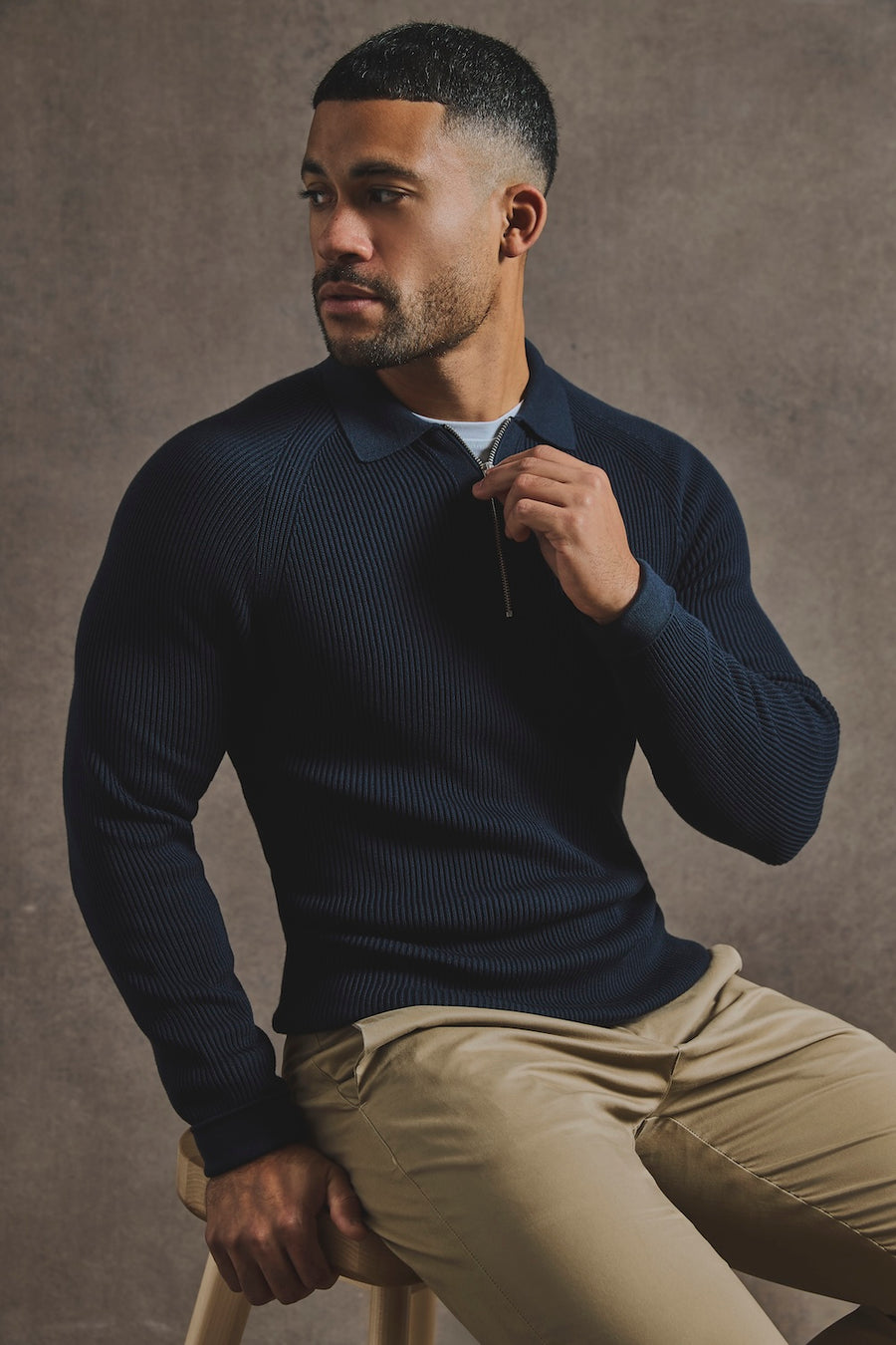 Cotton Textured Knitted Half Zip Polo Shirt in Navy - TAILORED ATHLETE - USA