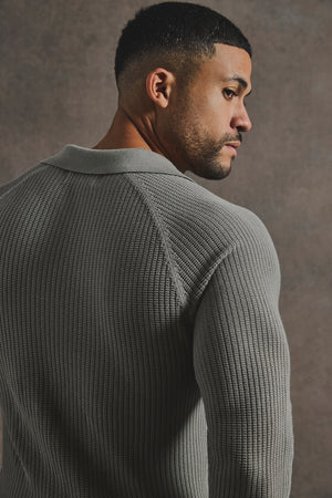 Cotton Textured Knitted Open Collar Polo Shirt in Mole - TAILORED ATHLETE - USA