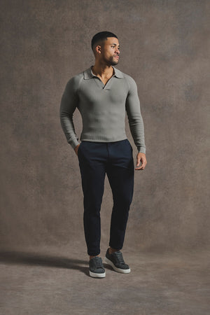 Cotton Textured Knitted Open Collar Polo Shirt in Mole - TAILORED ATHLETE - USA