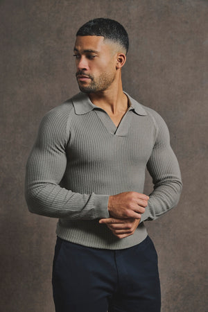 Cotton Textured Knitted Open Collar Polo Shirt in Mole - TAILORED ATHLETE - USA