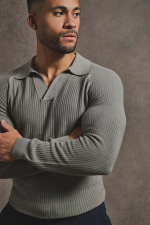 Cotton Textured Knitted Open Collar Polo Shirt in Mole - TAILORED ATHLETE - USA