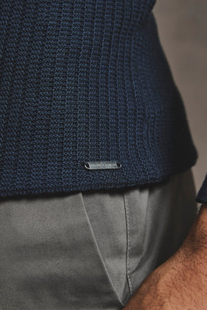 Cotton Textured Knitted Open Collar Polo Shirt in Navy - TAILORED ATHLETE - USA