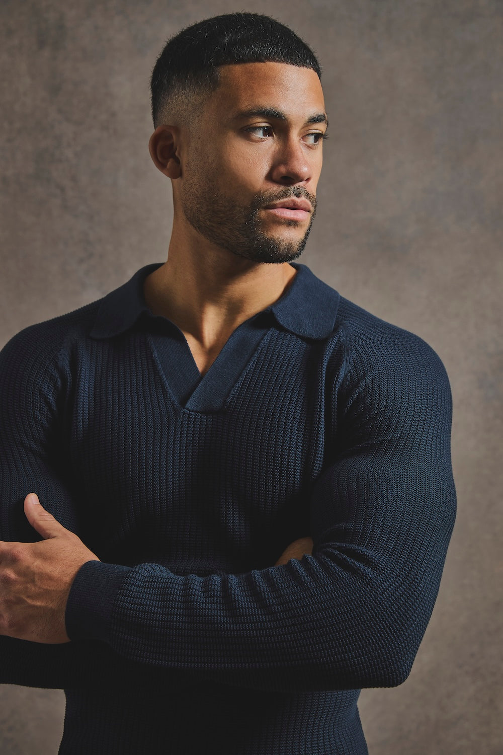 Cotton Textured Knitted Open Collar Polo Shirt in Navy