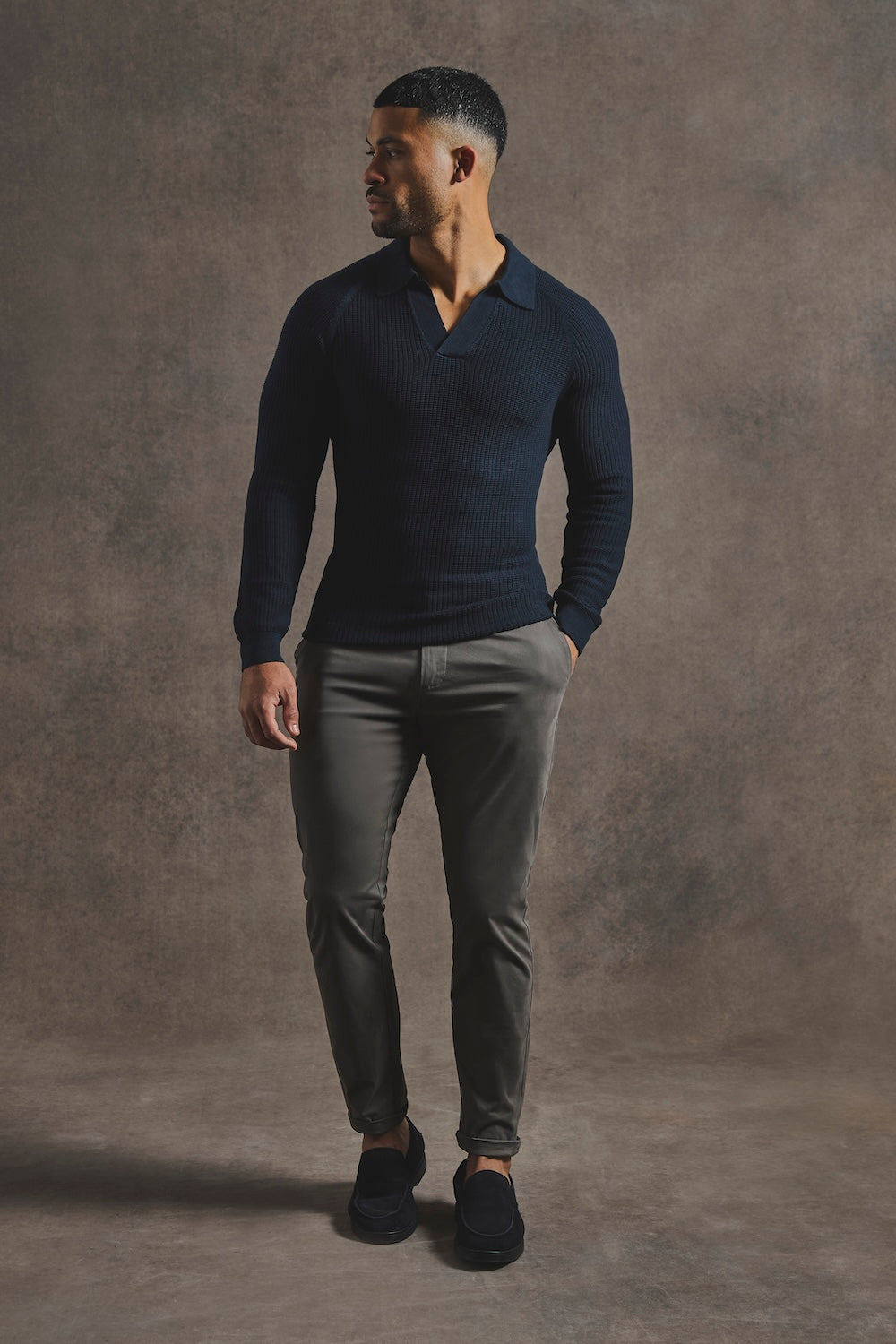 Cotton Textured Knitted Open Collar Polo Shirt in Navy - TAILORED ATHLETE - USA