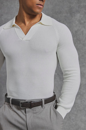 Cotton Textured Knitted Open Collar Polo Shirt in Winter White - TAILORED ATHLETE - USA