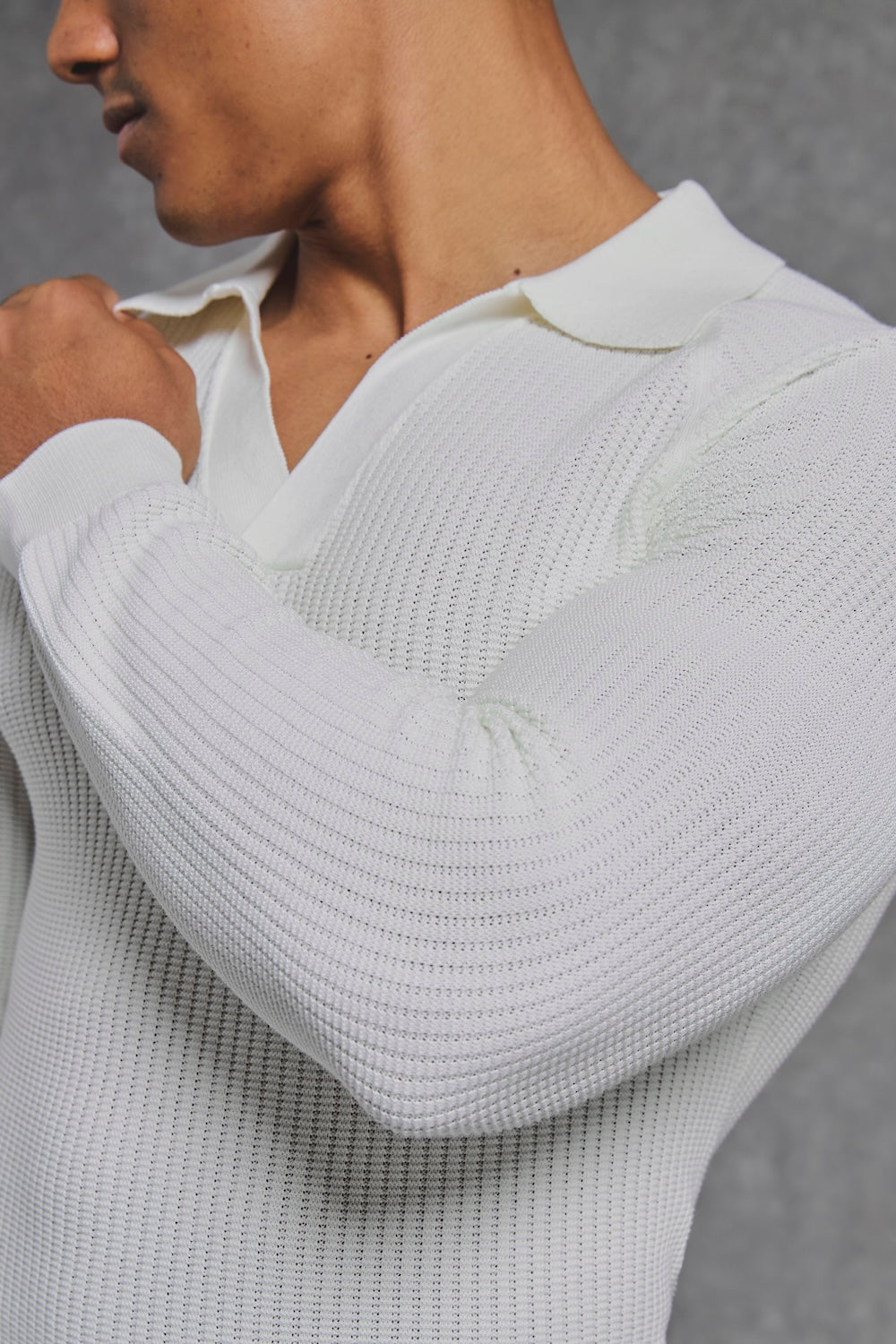 Cotton Textured Knitted Open Collar Polo Shirt in Winter White - TAILORED ATHLETE - USA