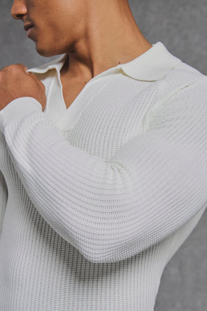 Cotton Textured Knitted Open Collar Polo Shirt in Winter White - TAILORED ATHLETE - USA