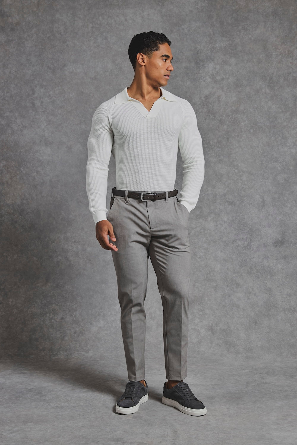 Cotton Textured Knitted Open Collar Polo Shirt in Winter White - TAILORED ATHLETE - USA