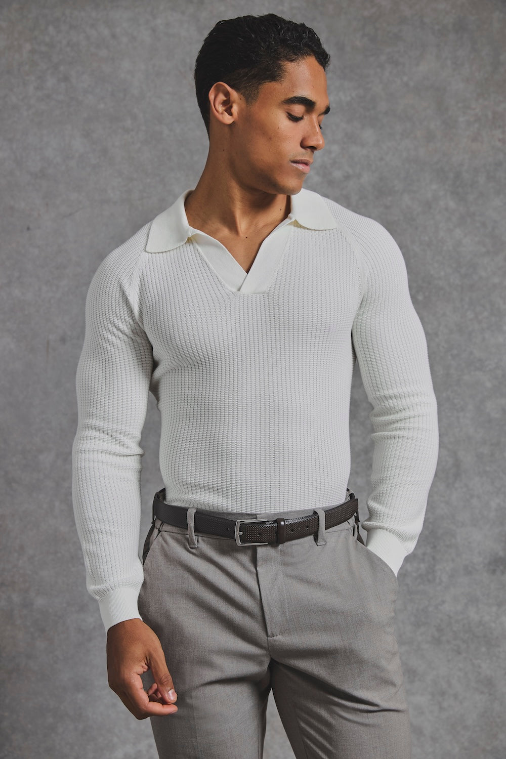 Cotton Textured Knitted Open Collar Polo Shirt in Winter White - TAILORED ATHLETE - USA