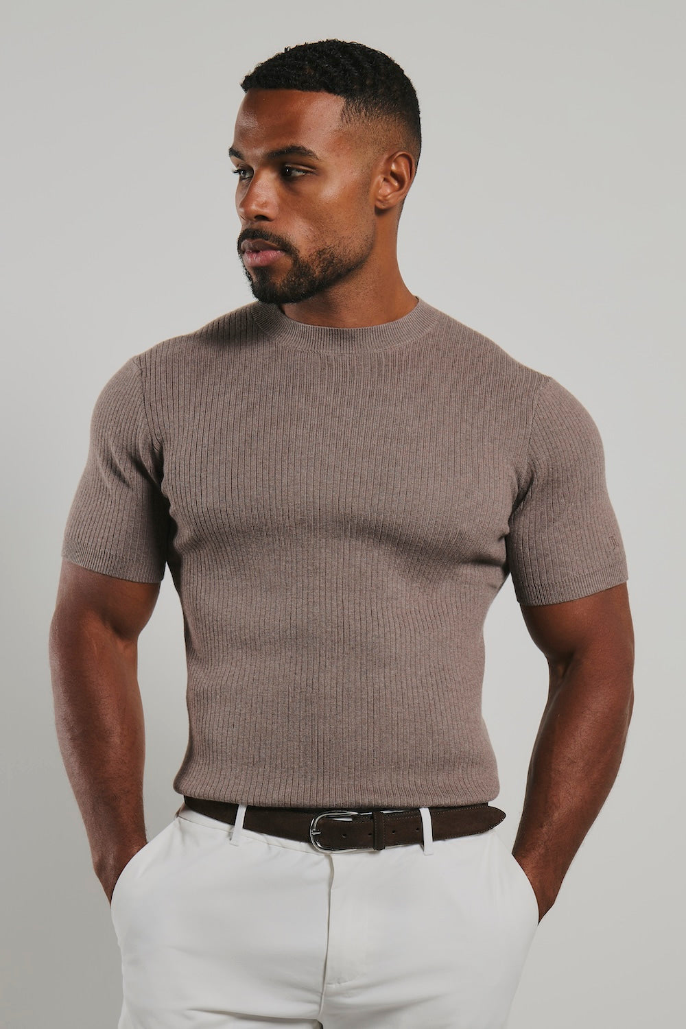 Soft Knitted Ribbed T-Shirt in Wheat