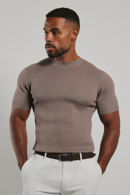 Soft Knitted Ribbed T-Shirt in Wheat