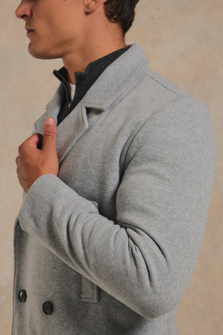 Double Breasted Herringbone Peacoat in Soft Grey