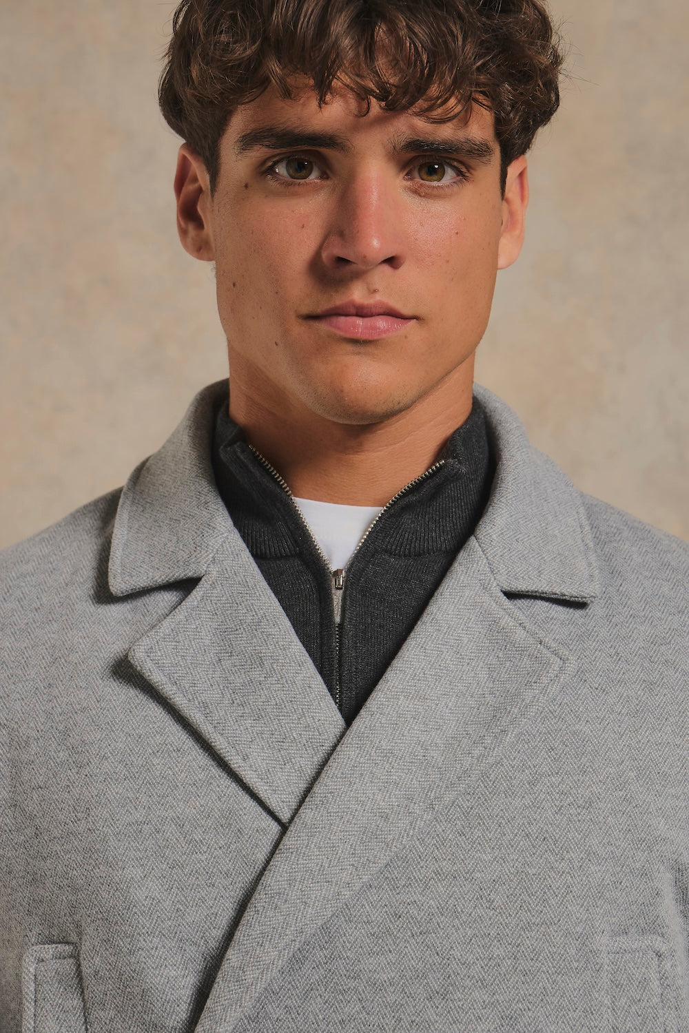 Double Breasted Herringbone Peacoat in Soft Grey